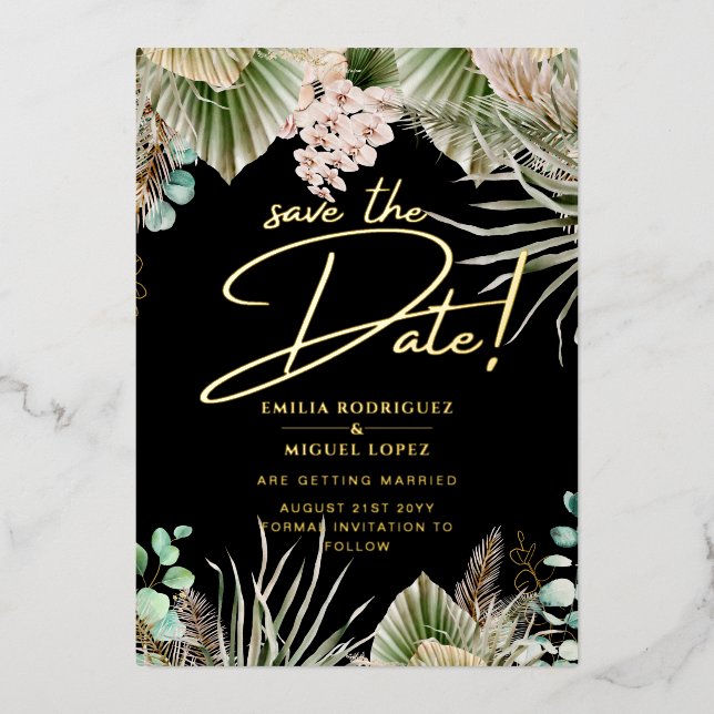 Gold Foil Tropical Pampas Grass Wedding Save Date Foil Invitation (Front)