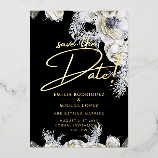 Gold Foil Tropical Pampas Grass Wedding Save Date Foil Invitation (Front)