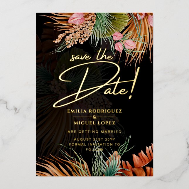 Gold Foil Tropical Pampas Grass Wedding Save Date Foil Invitation (Front)