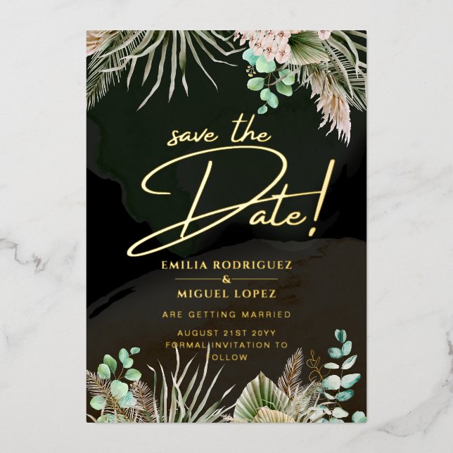 Gold Foil Tropical Pampas Grass Wedding Save Date Foil Invitation (Front)
