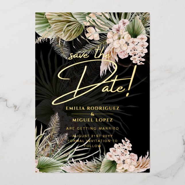 Gold Foil Tropical Pampas Grass Wedding Save Date Foil Invitation (Front)