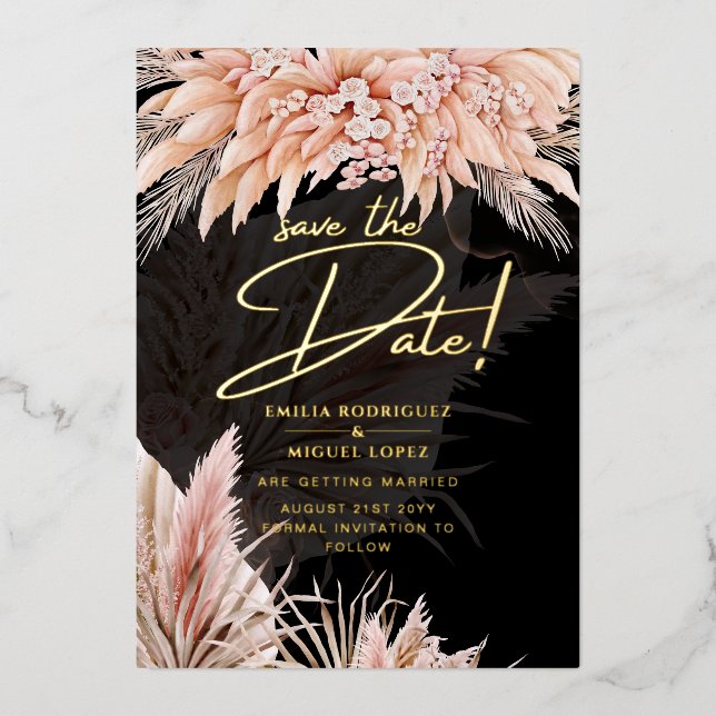 Gold Foil Tropical Pampas Grass Wedding Save Date Invitation (Front)