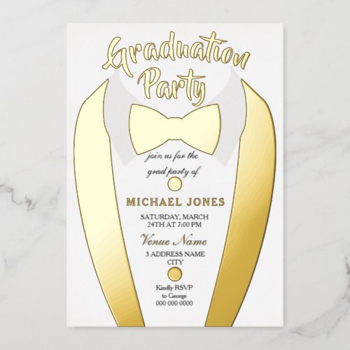 Gold Foil Tuxedo Suit Graduation Grad Party  Foil Invitation