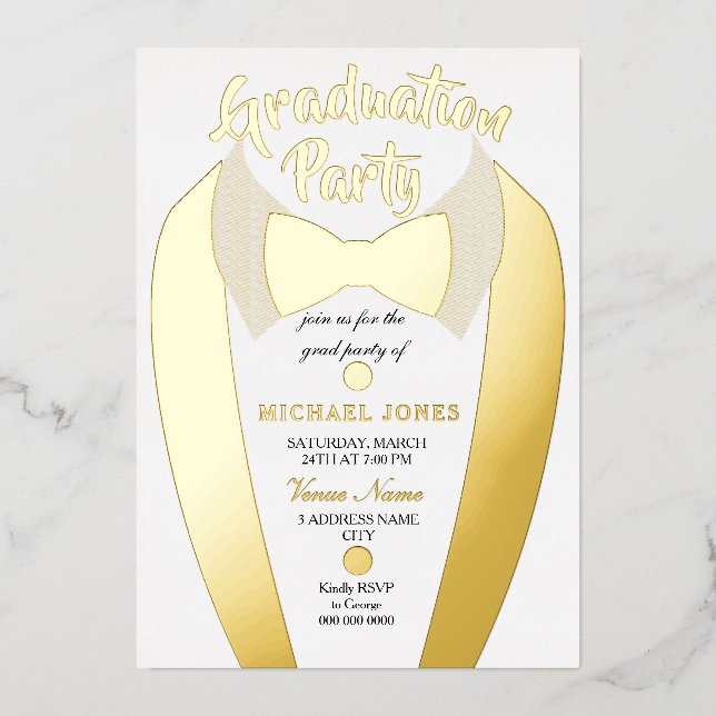 Gold Foil Tuxedo Suit Graduation Grad Party  Invitation (Front)