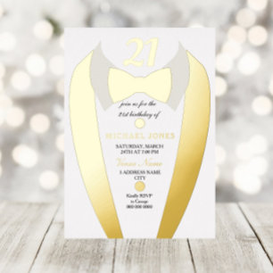 Gold Foil Tuxedo Suit Mens 21st Birthday Party Foil Invitation