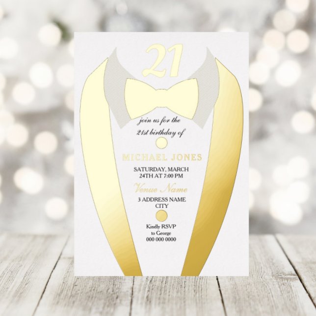 Gold Foil Tuxedo Suit Mens 21st Birthday Party  Invitation (Creator Uploaded)