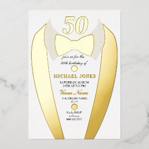 Gold Foil Tuxedo Suit Mens 50th Birthday Party Invitation