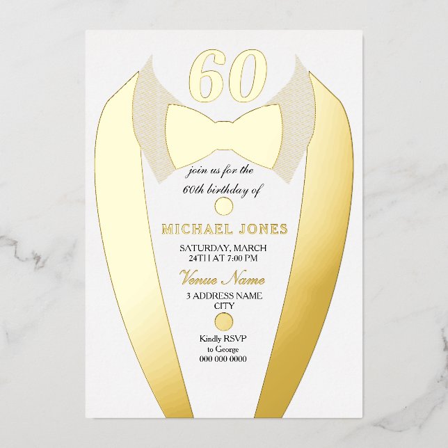 Gold Foil Tuxedo Suit Mens 60th Birthday Party Invitation (Front)