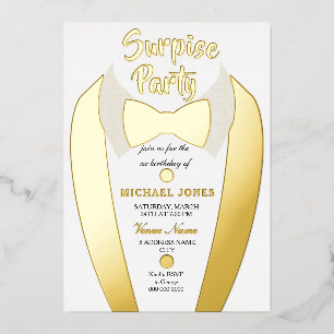 Gold Foil Tuxedo Suit Mens Surprise Birthday Party Foil Invitation