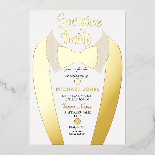 Gold Foil Tuxedo Suit Mens Surprise Birthday Party Foil Invitation (Front)