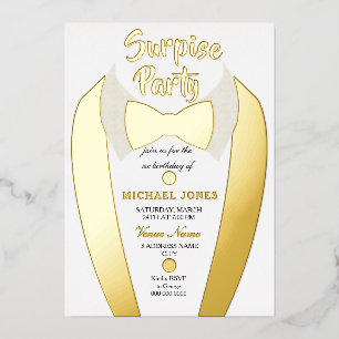 Gold Foil Tuxedo Suit Mens Surprise Birthday Party Invitation