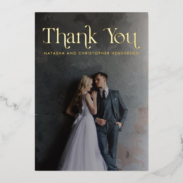 Gold Foil Typography Photo Wedding Thank You Card (Front)
