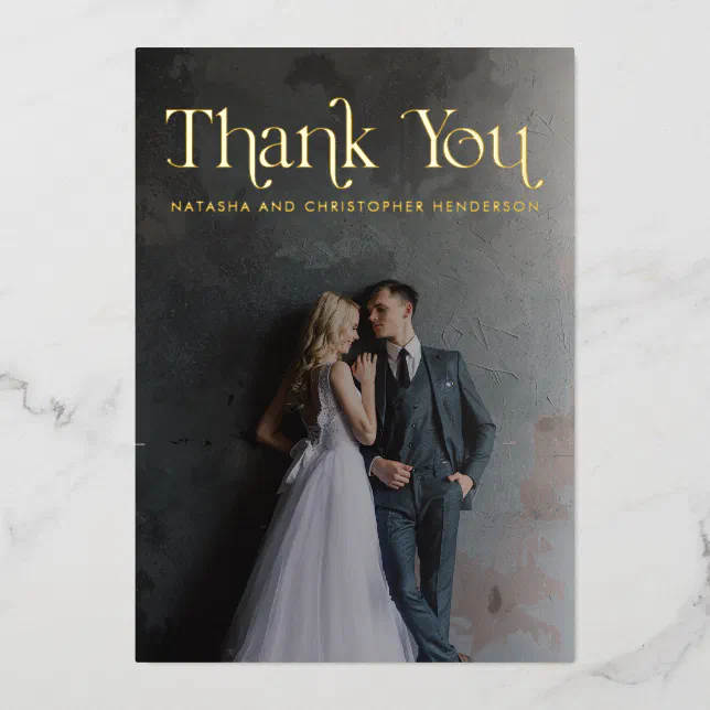Gold Foil Typography Photo Wedding Thank You Card | Zazzle
