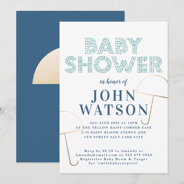 Gold Foil Umbrella Blue and White Baby Shower Invitation (Front/Back)