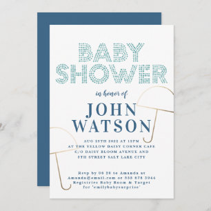 Gold Foil Umbrella Blue and White Baby Shower Invitation
