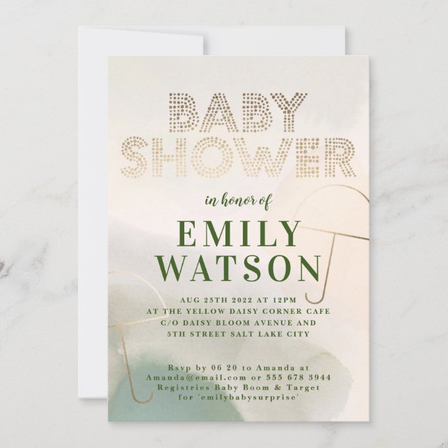 Gold Foil Umbrella Dark Moss Green Baby Shower Invitation (Front)