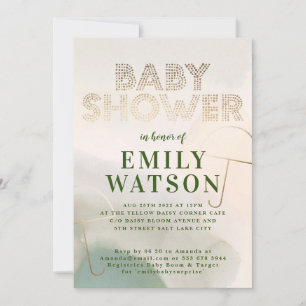 Gold Foil Umbrella Dark Moss Green Baby Shower Invitation