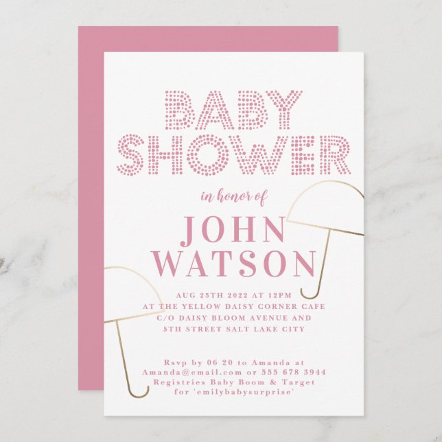 Gold Foil Umbrella White and Pink Baby Shower Invitation (Front/Back)