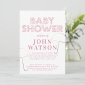 Gold Foil Umbrella White and Pink Baby Shower Invitation (Standing Front)