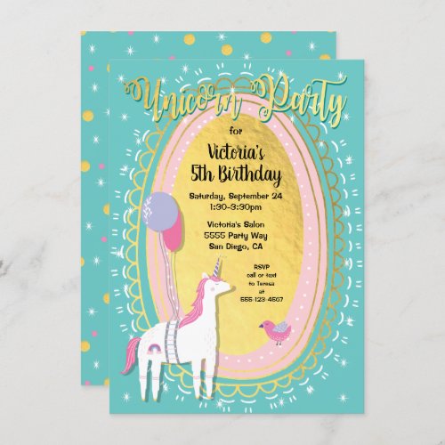 Gold Foil Unicorn Birthday Party Invitations