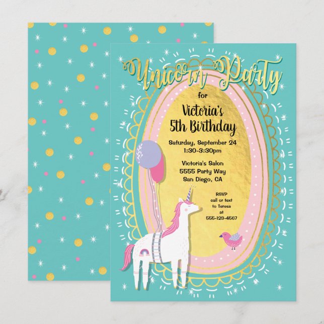 Gold Foil Unicorn Birthday Party Invitations (Front/Back)