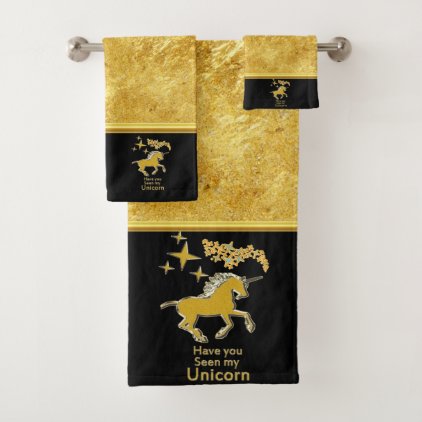 Gold foil unicorn pony with Golden stars and black Bath Towel Set