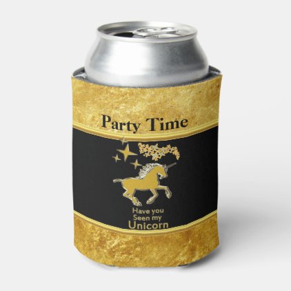 Gold foil unicorn pony with Golden stars and black Can Cooler