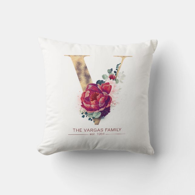 Gold Foil V Monogram Floral Burgundy Red Throw Pillow (Front)