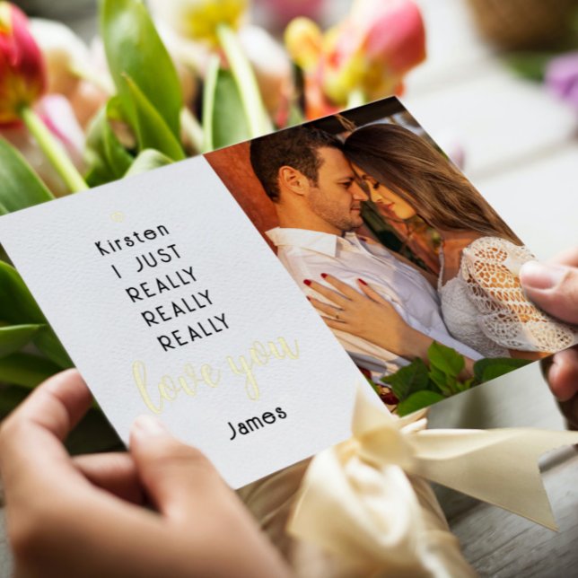 Gold Foil Valentines Day Funny Love You Photo Name Foil Holiday Card (Creator Uploaded)