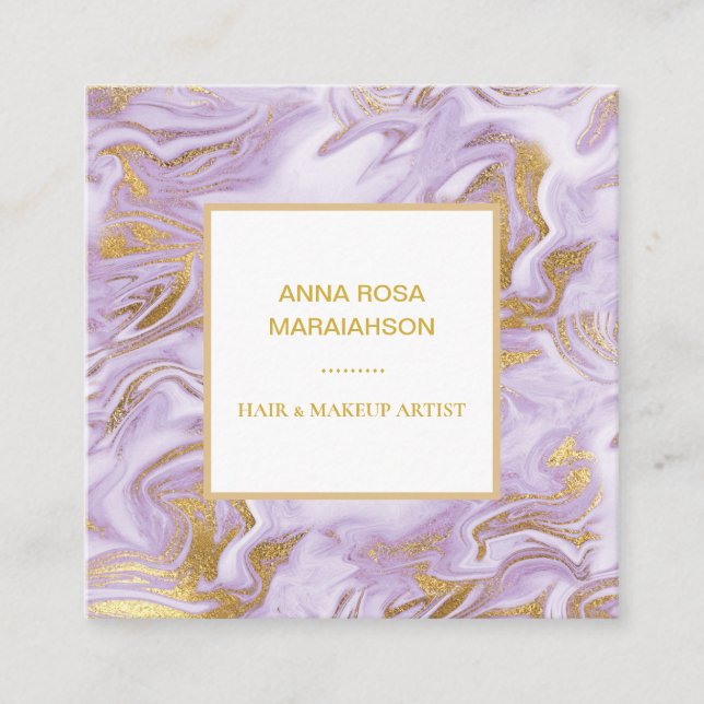 *~* Gold Foil Veins Lavender Marble Modern Chic Square Business Card (Front)