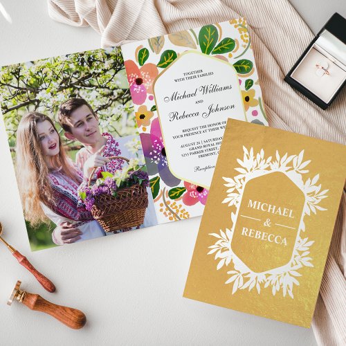 Gold Foil Vibrant Watercolor Floral Wedding Invite