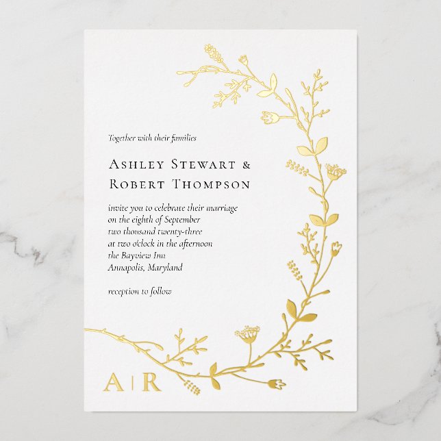 Gold Foil Vine Scroll Modern Wedding Invitation, Invitation (Front)