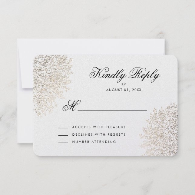 Gold Foil Vintage Lace Elegant RSVP Card (Front)