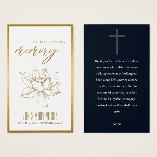 GOLD FOIL WATER LILY SYMPATHY MEMORIAL PRAYER CARD