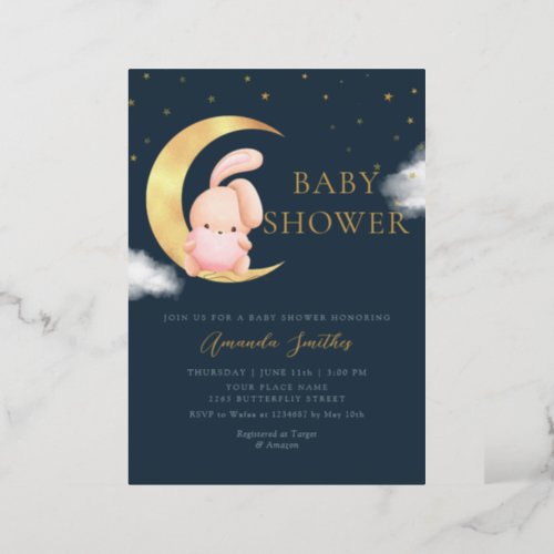 Gold Foil  Watercolor Boho Bunny Girl Baby Shower Foil Invitation