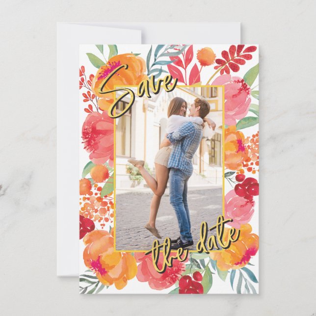 Gold Foil & Watercolor Flowers Save the Date Cards (Front)