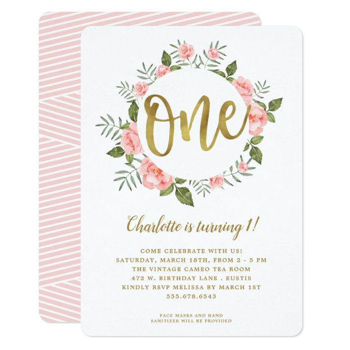 Gold Foil Watercolor Pink Floral First Birthday Invitation
