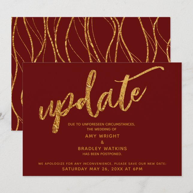 Gold Foil Waves Postponed Wedding Burgundy Card (Front/Back)