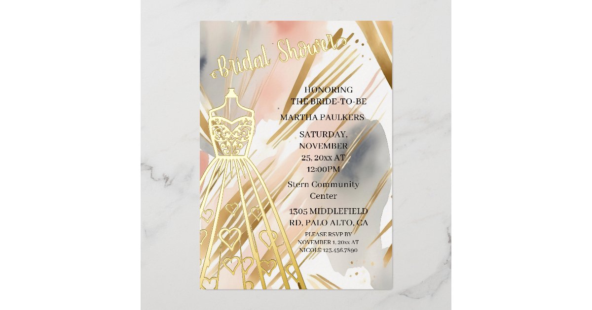 Gold Foil Wedding Dress Bridal Shower Foil Invitation | Zazzle