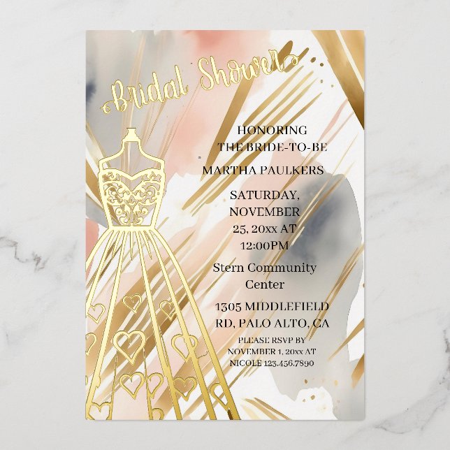Gold Foil Wedding Dress Bridal Shower Foil Invitation (Front)