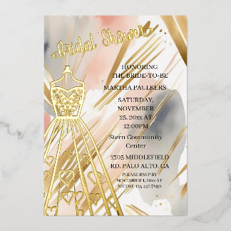 Gold Foil Wedding Dress Bridal Shower Invitation