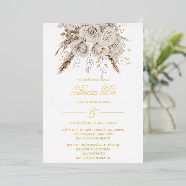 Gold foil white boho spanish invitation (Standing Front)