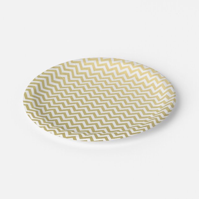 Gold Foil White Chevron Pattern Paper Plates (Angled)