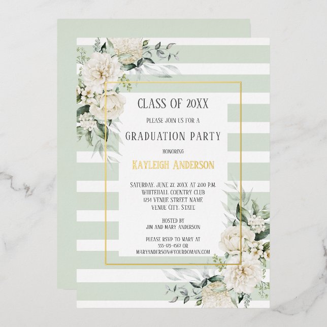 Gold Foil White Floral Eucalyptus Graduation Party Invitation (Front/Back)