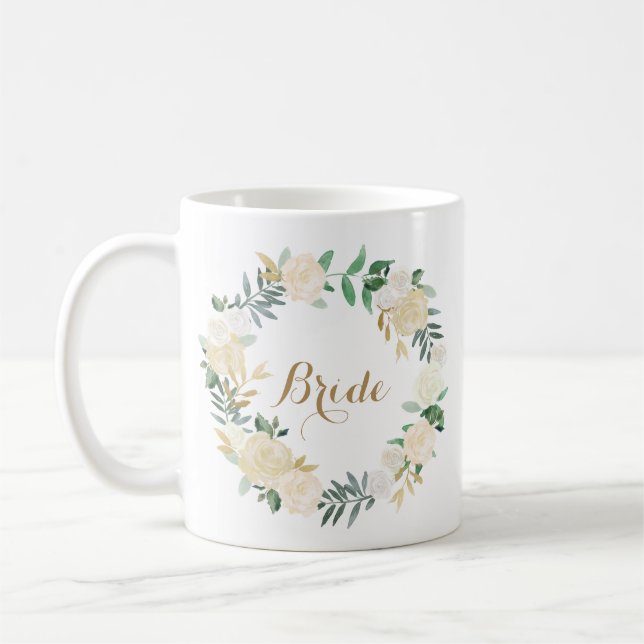 Gold Foil White Flower Wedding Party Bride Mug (Left)