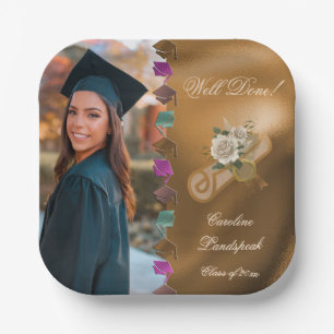 Gold Foil White Flowers, Graduate Photo Paper Plates