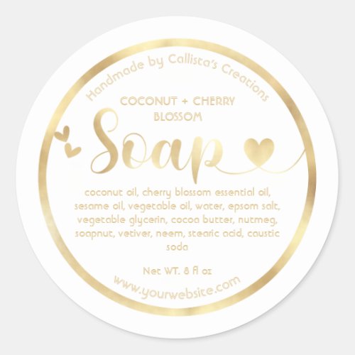 Gold Foil White Hearts Border Handmade Soap Classic Round Sticker