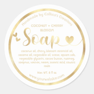 Gold Foil White Hearts Border Handmade Soap Classic Round Sticker