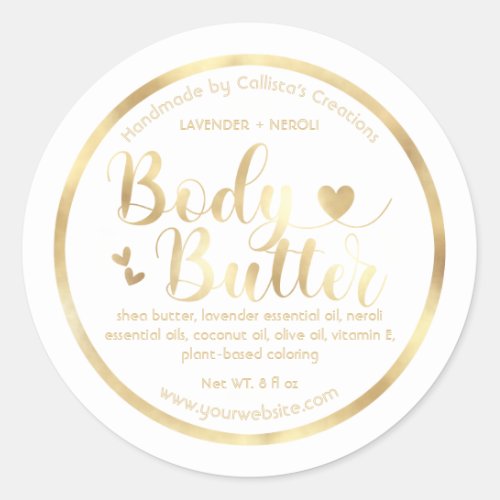 Gold Foil White Hearts Border Shea Body Butter Classic Round Sticker