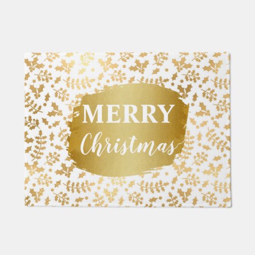 Gold Foil  White Holly Winter Christmas Doormat